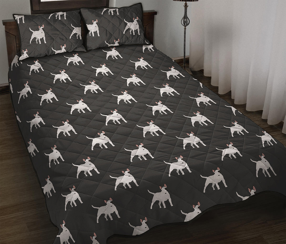 Black Bull Terrier Pattern Print Quilt Bed Set