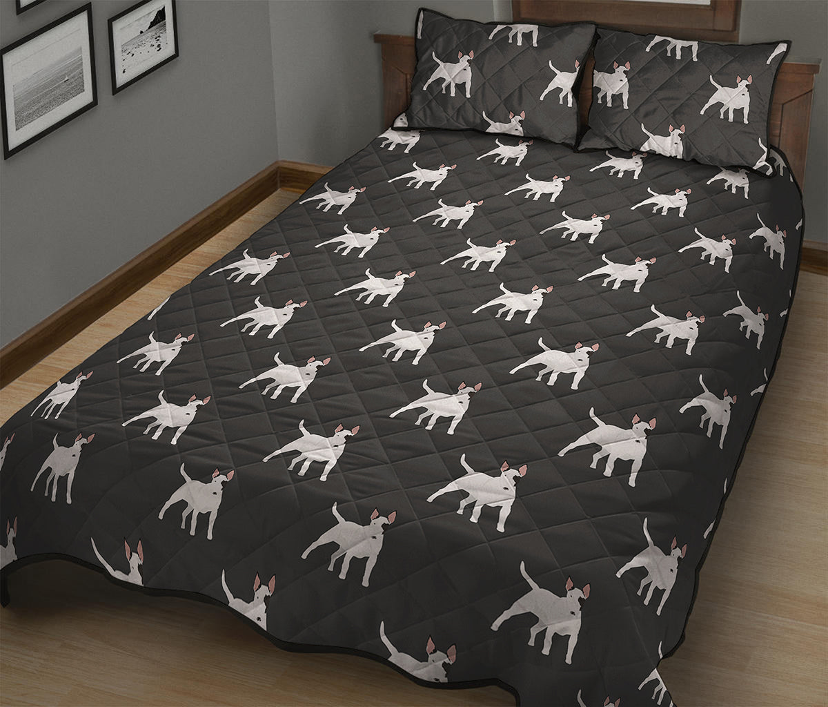 Black Bull Terrier Pattern Print Quilt Bed Set