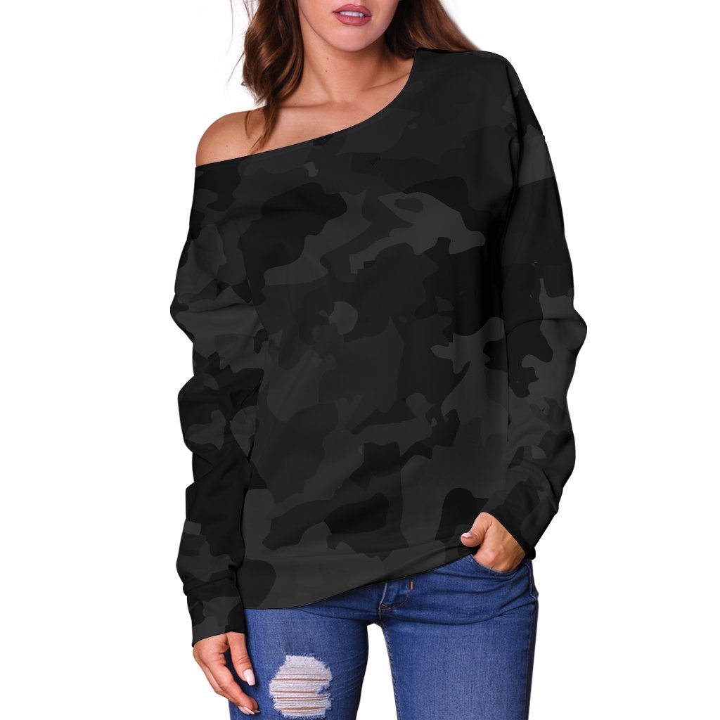 Black Camouflage Print Off Shoulder Sweatshirt GearFrost