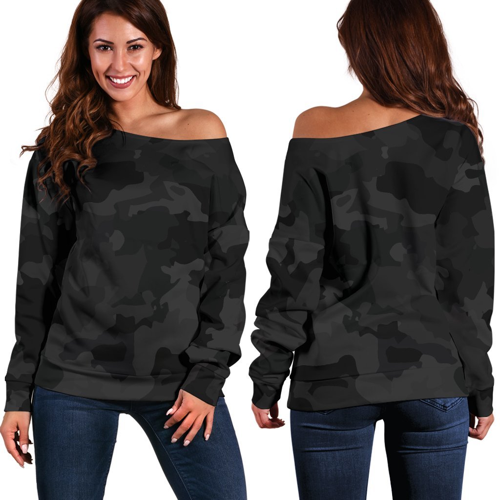 Black Camouflage Print Off Shoulder Sweatshirt GearFrost