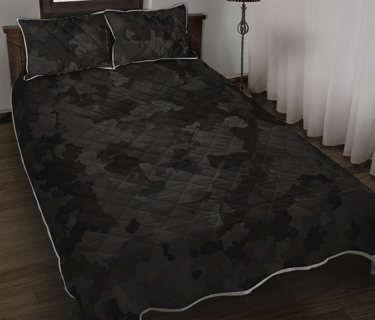 Black Camouflage Print Quilt Bed Set