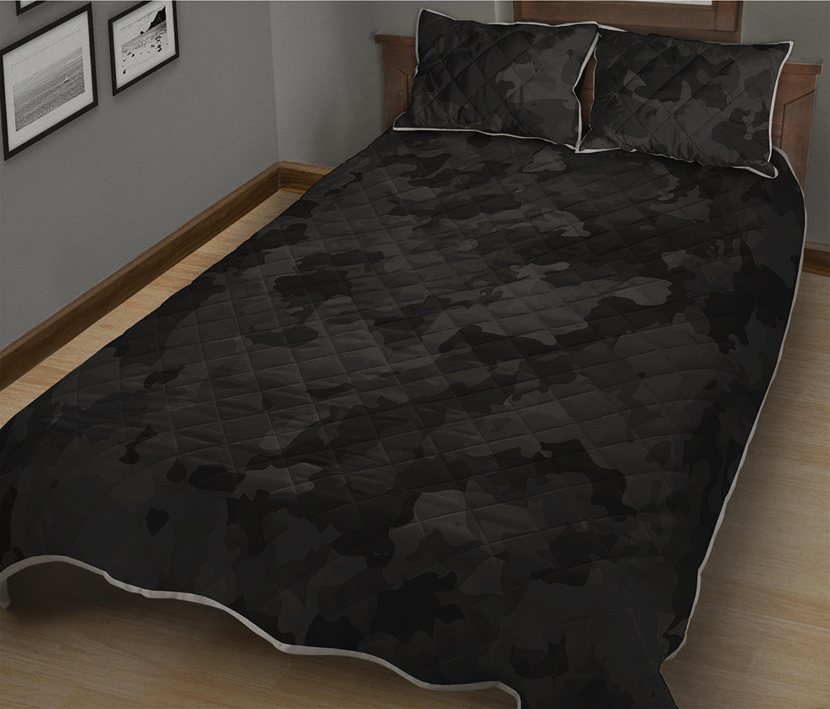 Black Camouflage Print Quilt Bed Set