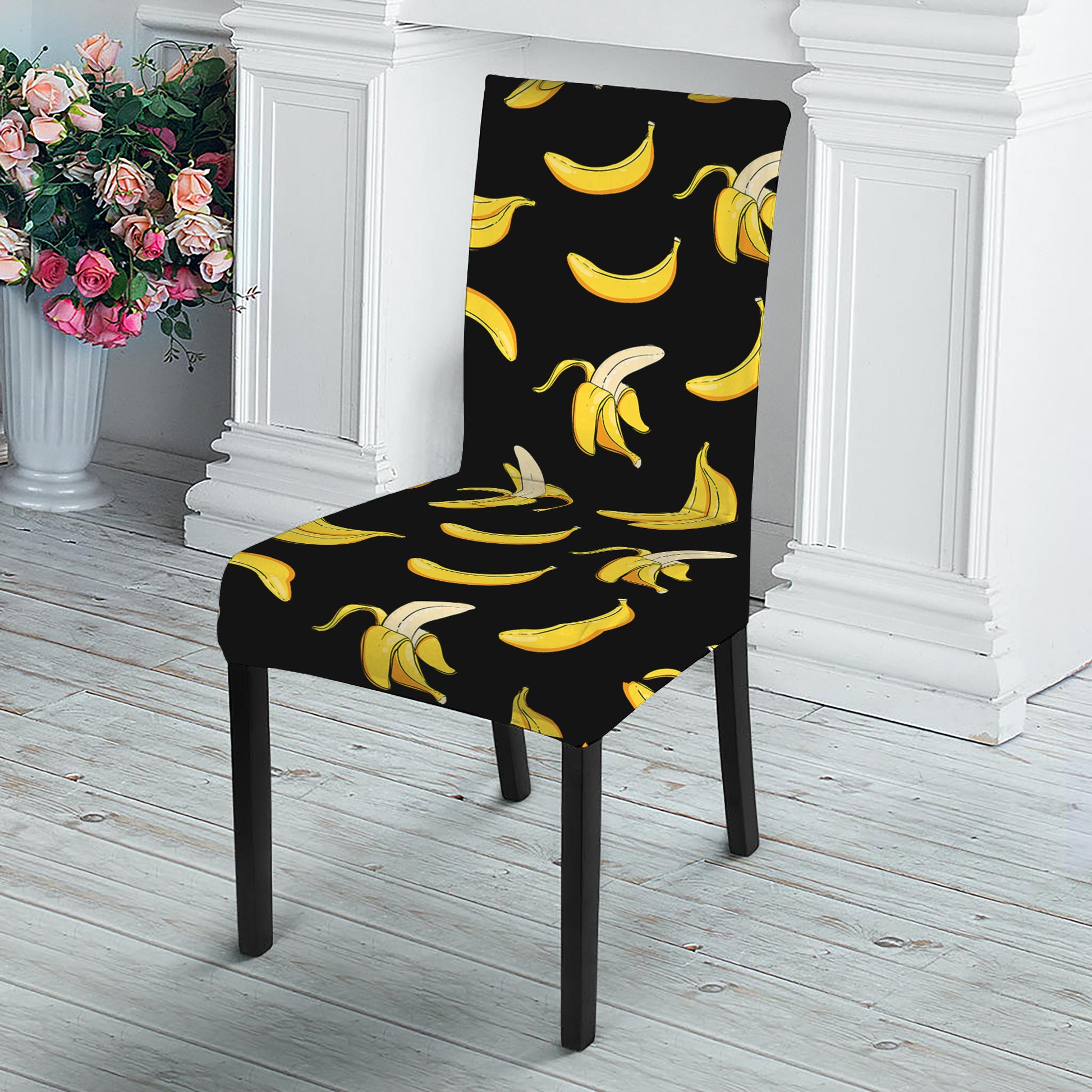 Black Cartoon Banana Pattern Print Dining Chair Slipcover