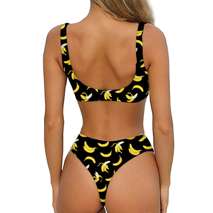 Black Cartoon Banana Pattern Print Front Bow Tie Bikini