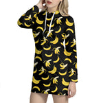 Black Cartoon Banana Pattern Print Hoodie Dress