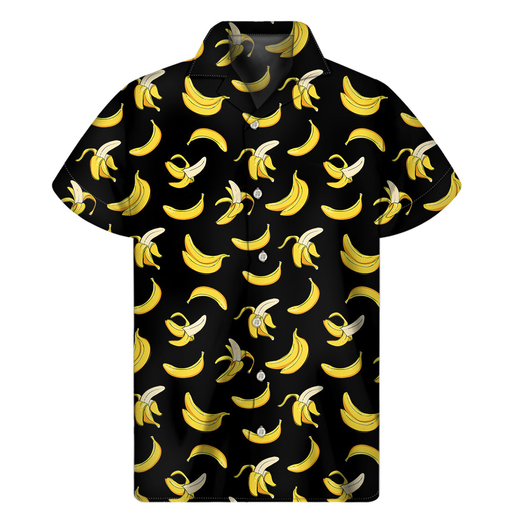 Black Cartoon Banana Pattern Print Men's Short Sleeve Shirt