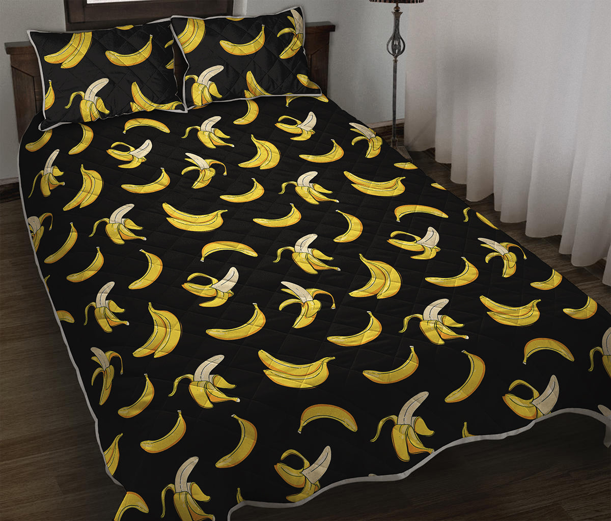 Black Cartoon Banana Pattern Print Quilt Bed Set