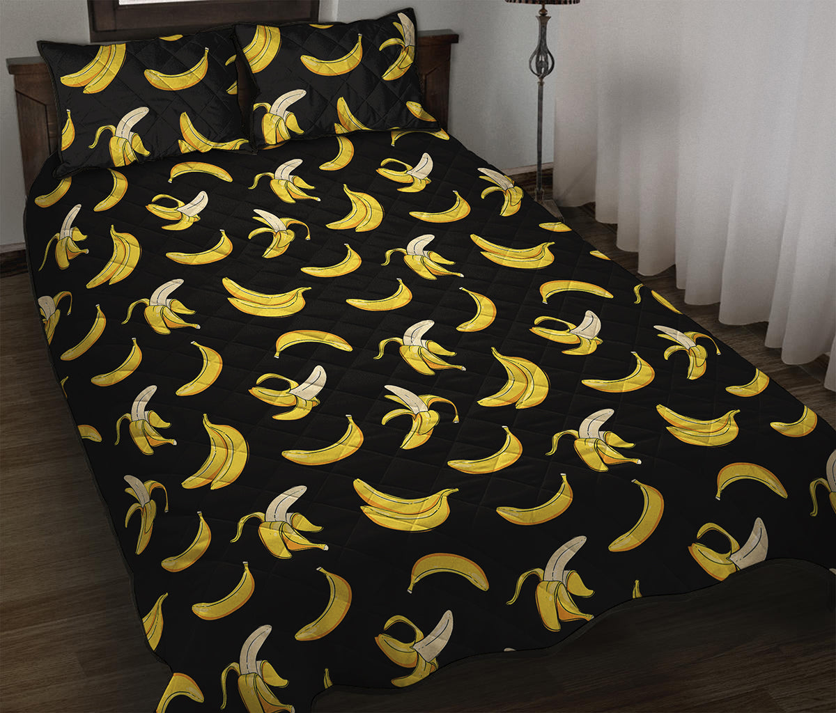 Black Cartoon Banana Pattern Print Quilt Bed Set