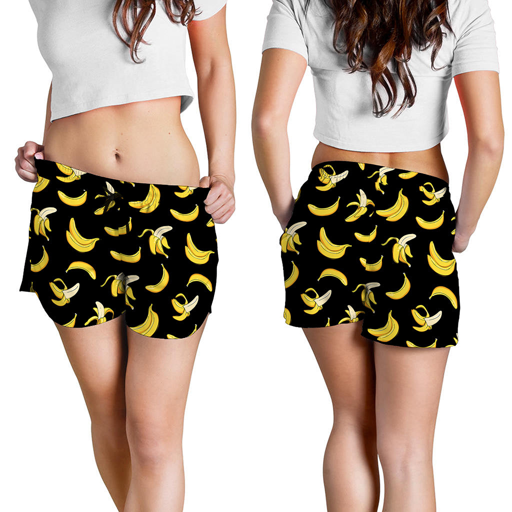 Black Cartoon Banana Pattern Print Women's Shorts