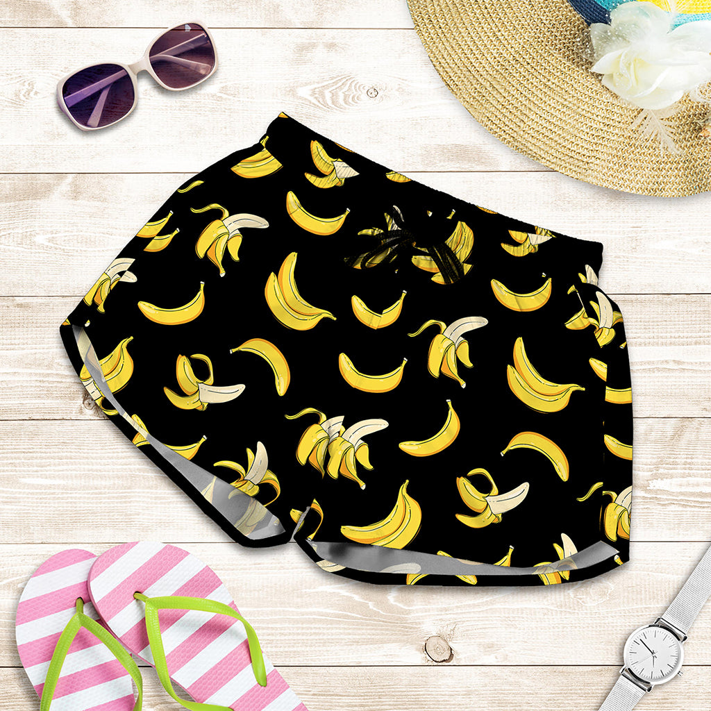 Black Cartoon Banana Pattern Print Women's Shorts