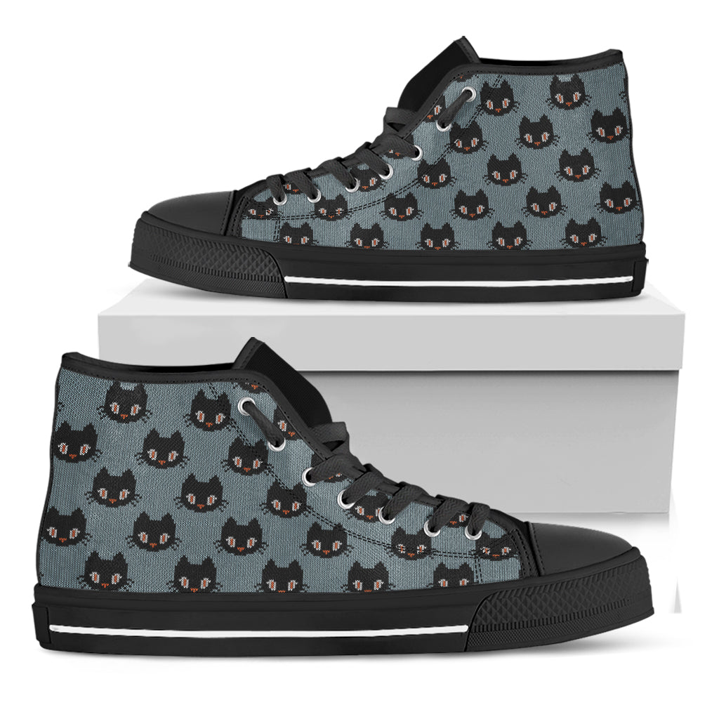 Black Cat Knitted Pattern Print Black High Top Shoes