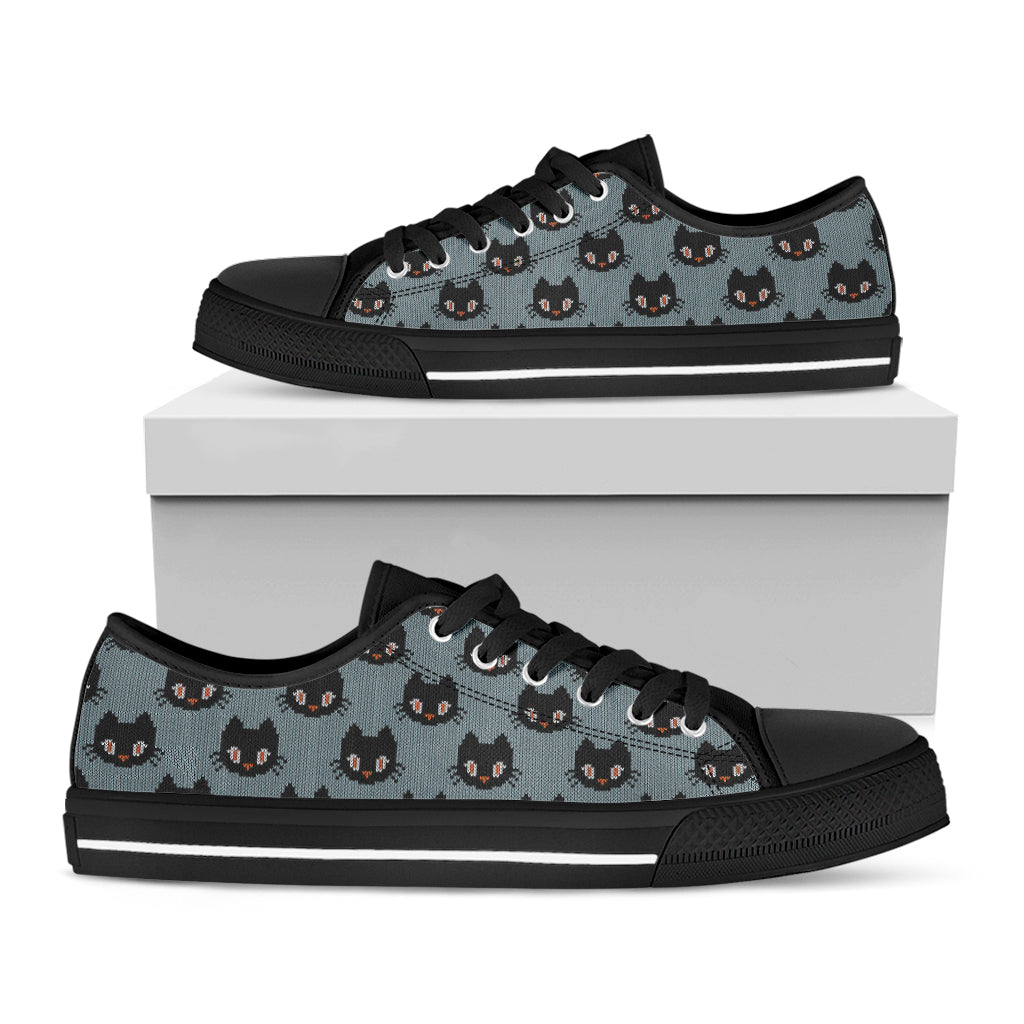 Black Cat Knitted Pattern Print Black Low Top Shoes