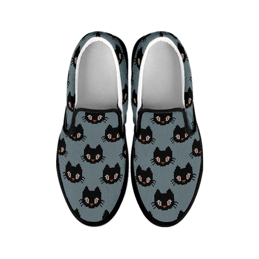 Black Cat Knitted Pattern Print Black Slip On Shoes