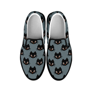 Black Cat Knitted Pattern Print Black Slip On Shoes