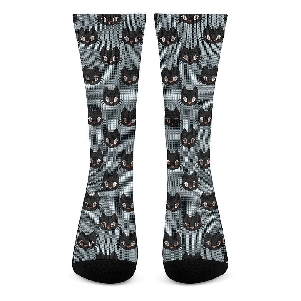 Black Cat Knitted Pattern Print Crew Socks