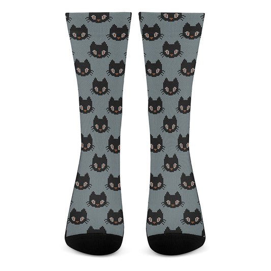 Black Cat Knitted Pattern Print Crew Socks