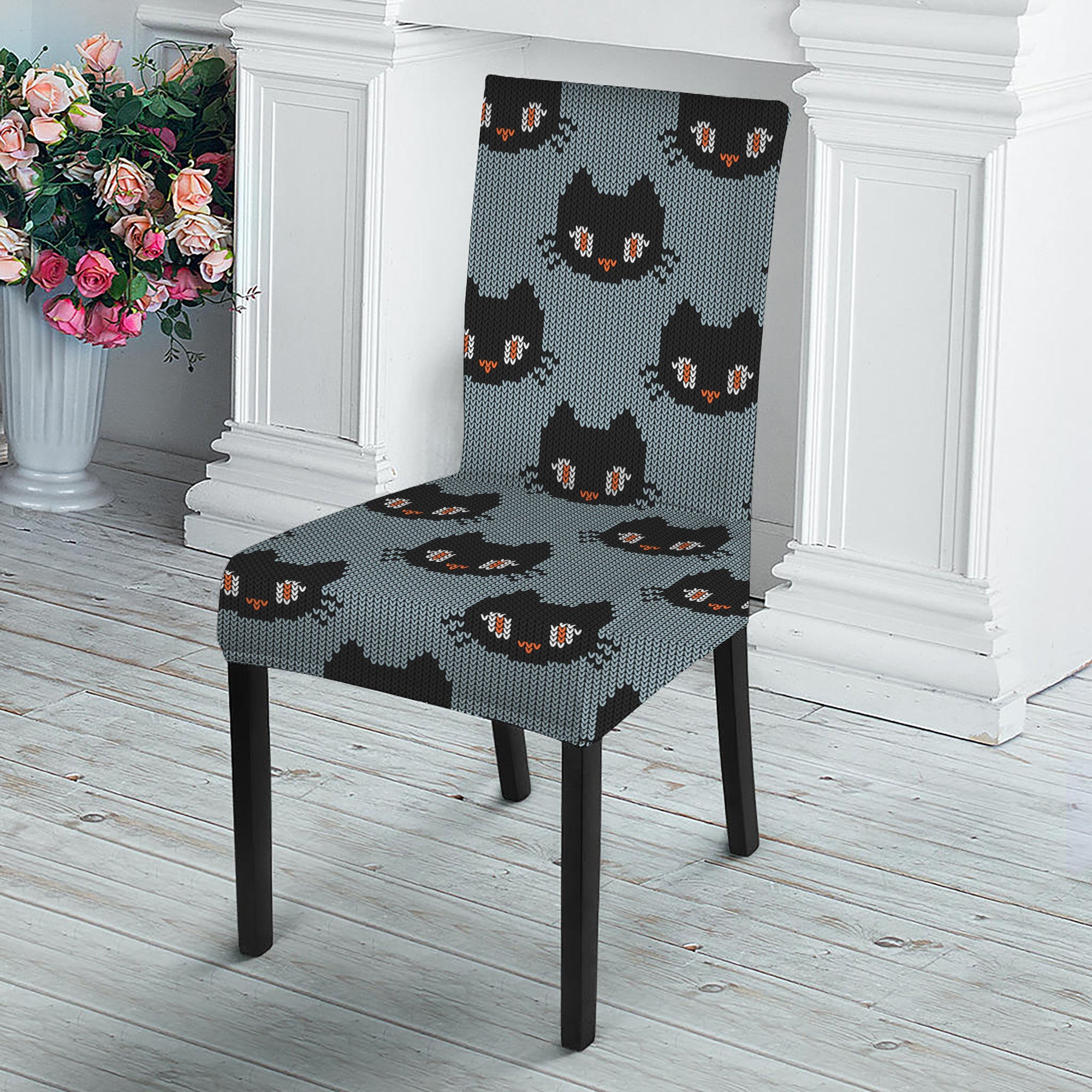 Black Cat Knitted Pattern Print Dining Chair Slipcover