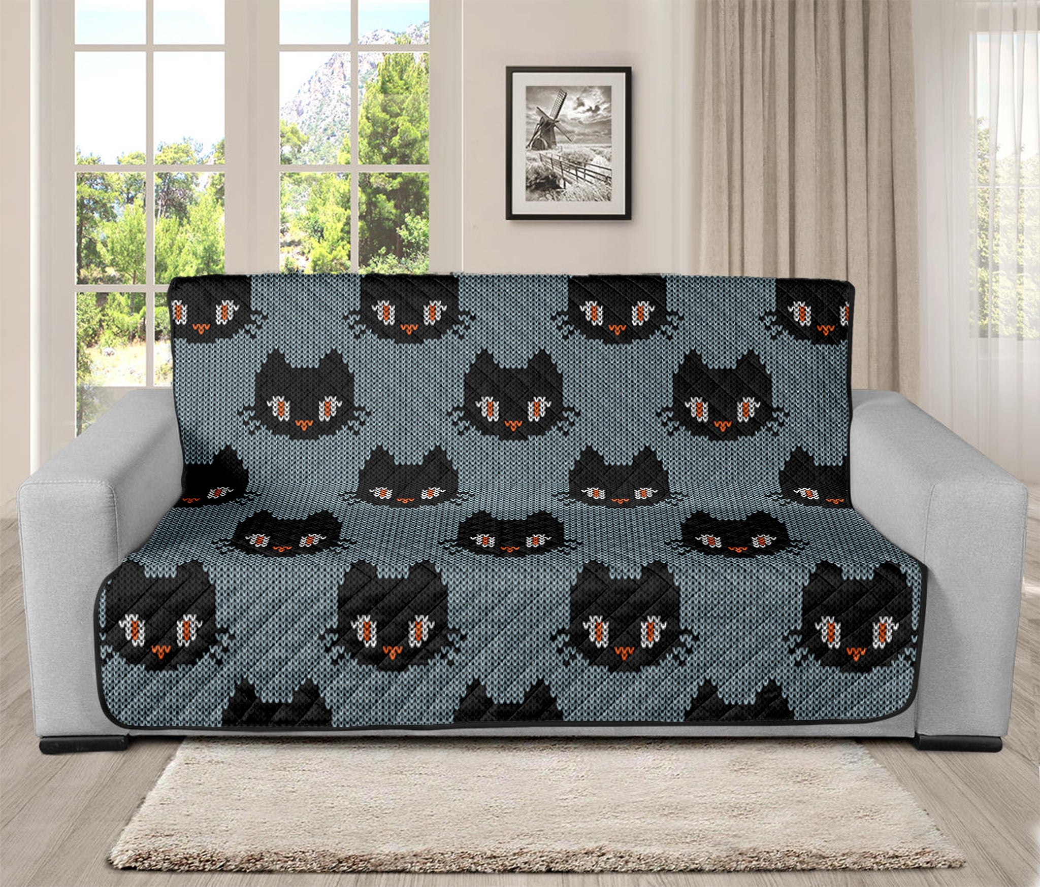 Black Cat Knitted Pattern Print Futon Protector