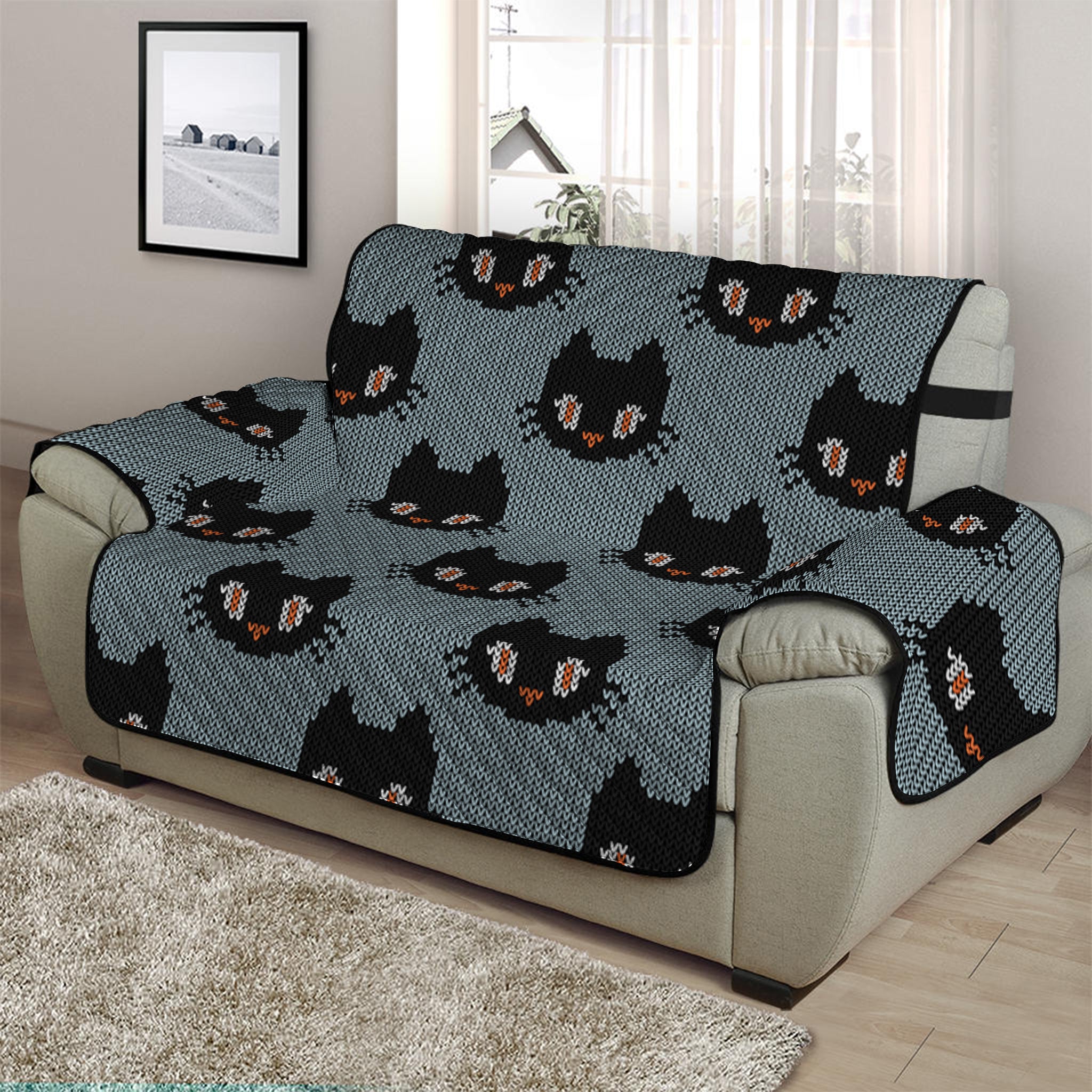 Black Cat Knitted Pattern Print Half Sofa Protector