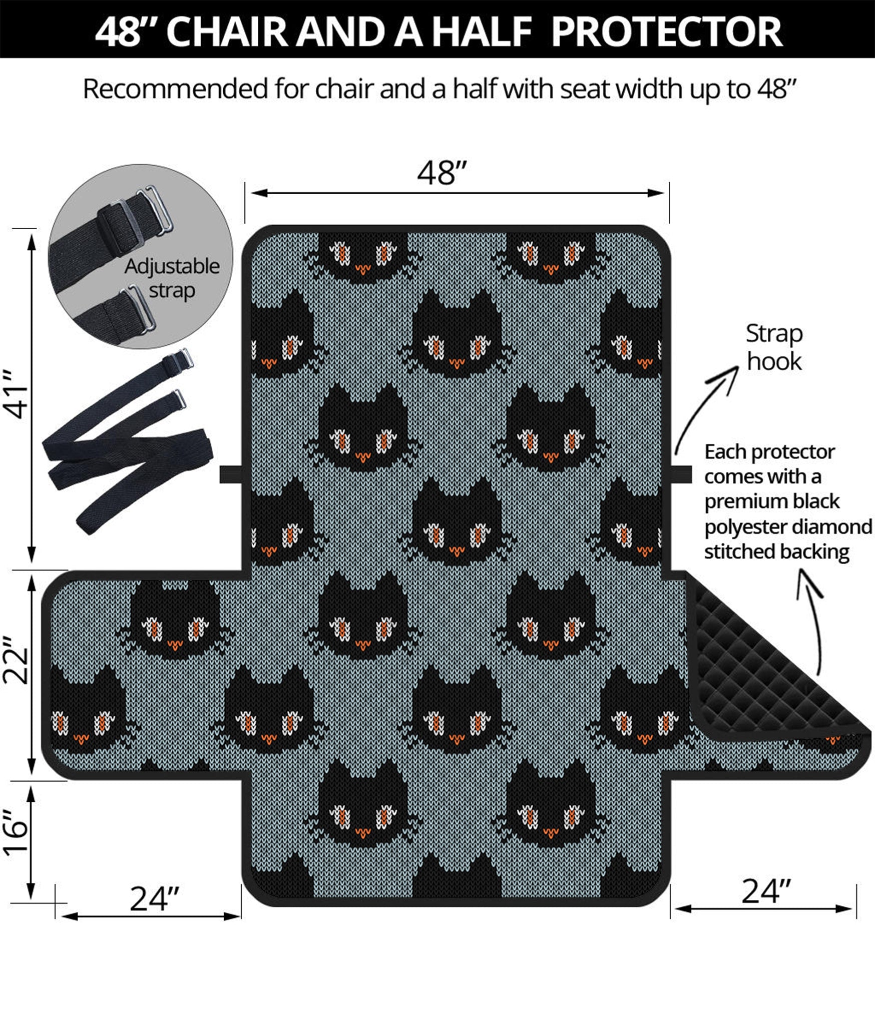 Black Cat Knitted Pattern Print Half Sofa Protector