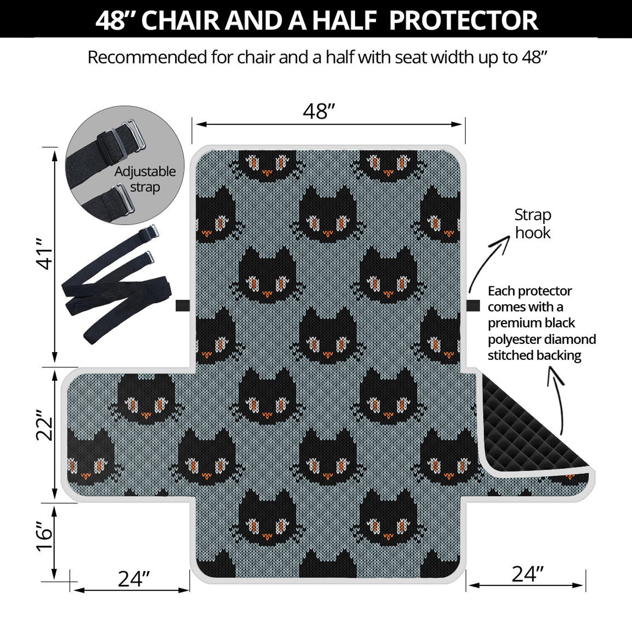 Black Cat Knitted Pattern Print Half Sofa Protector