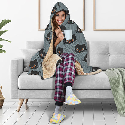 Black Cat Knitted Pattern Print Hooded Blanket