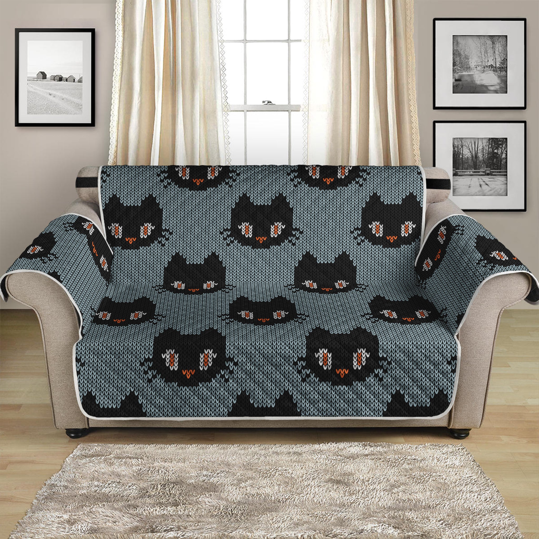 Black Cat Knitted Pattern Print Loveseat Protector