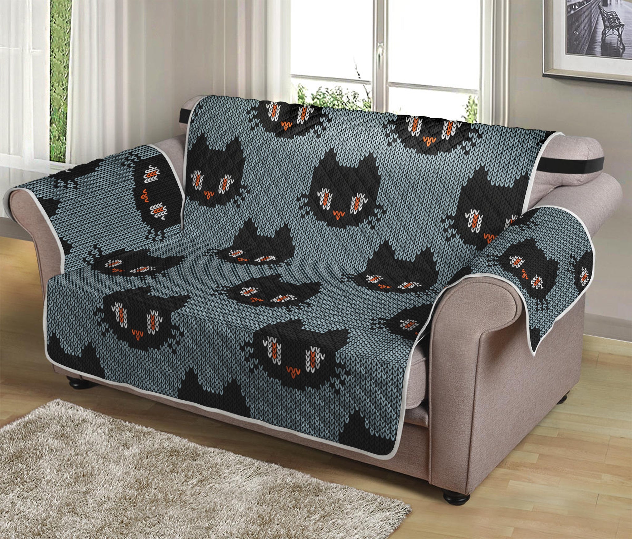 Black Cat Knitted Pattern Print Loveseat Protector