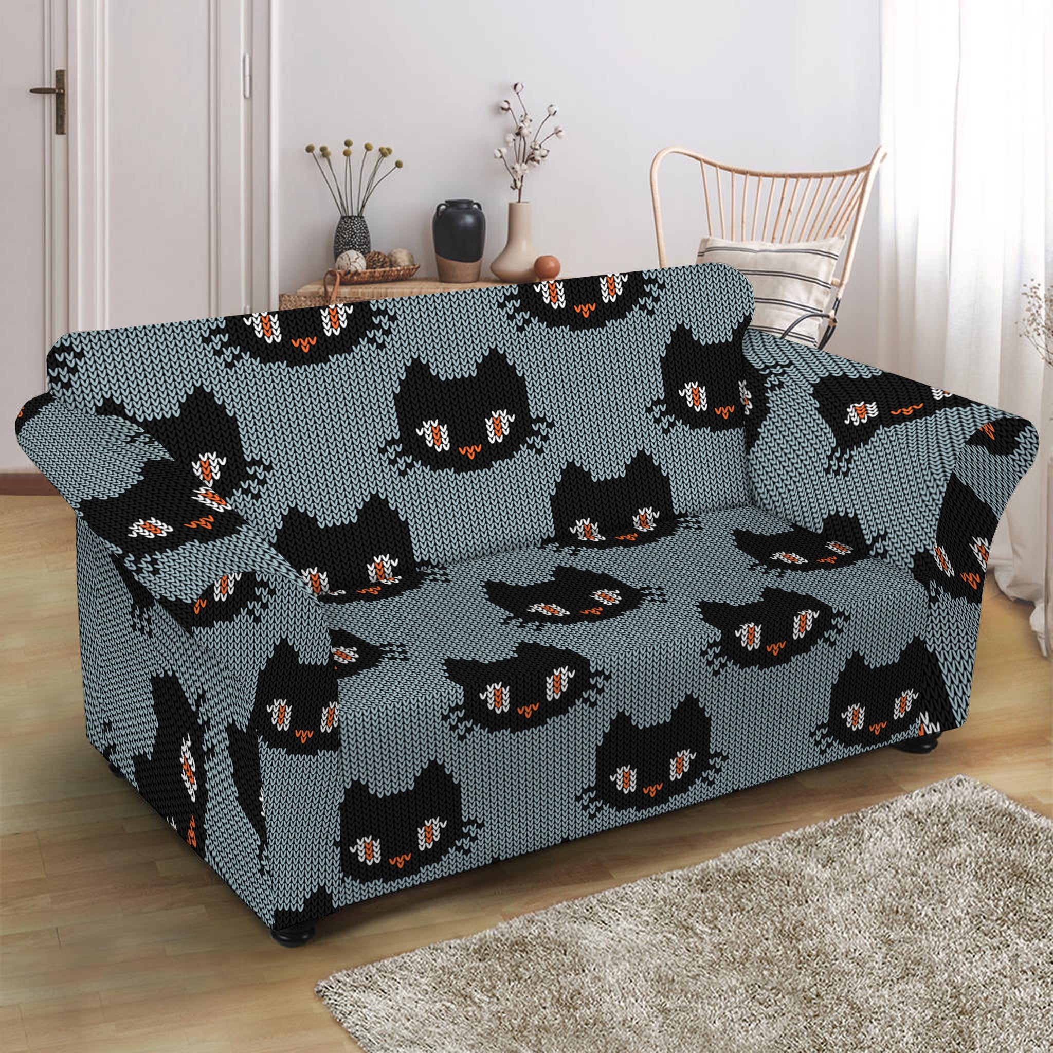 Black Cat Knitted Pattern Print Loveseat Slipcover