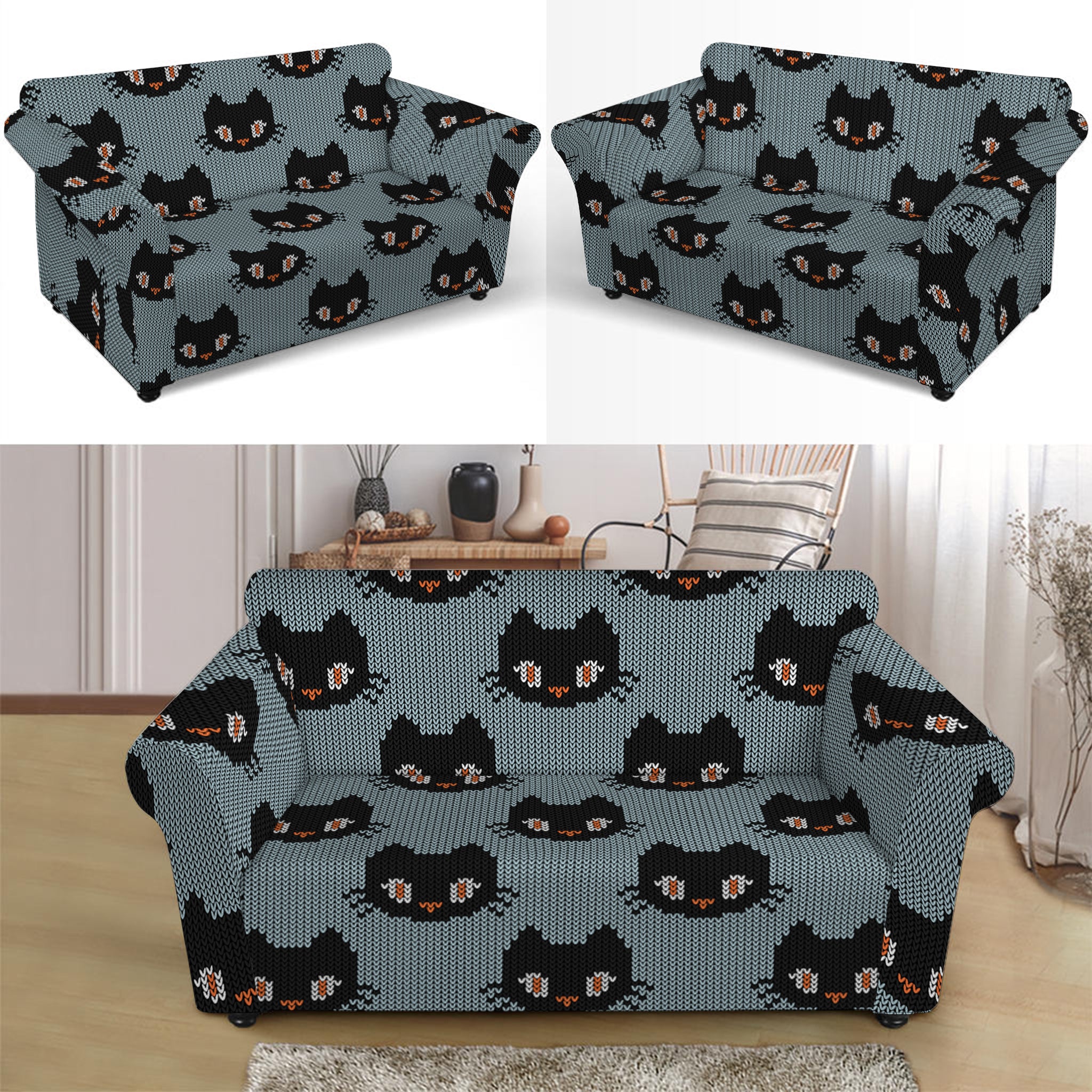 Black Cat Knitted Pattern Print Loveseat Slipcover