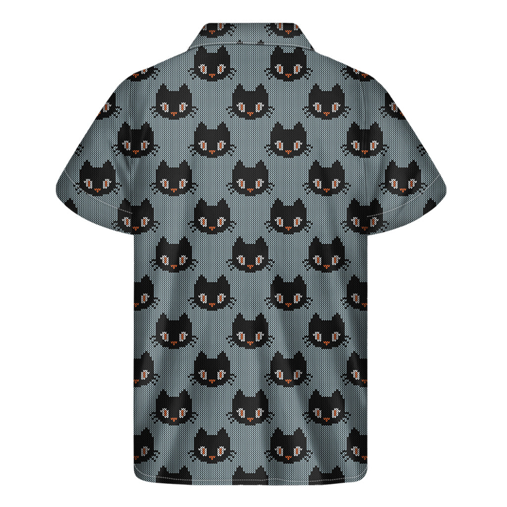 Black Cat Knitted Pattern Print Men's Short Sleeve Shirt