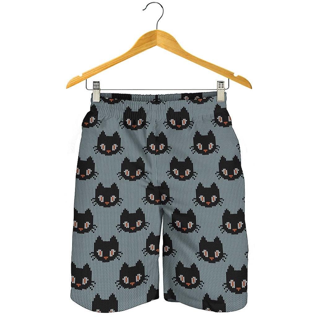 Black Cat Knitted Pattern Print Men's Shorts