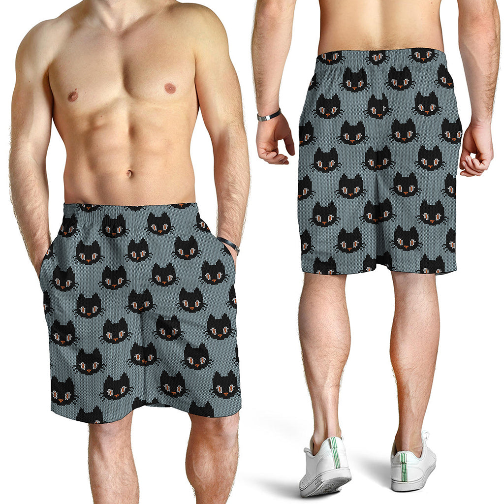 Black Cat Knitted Pattern Print Men's Shorts