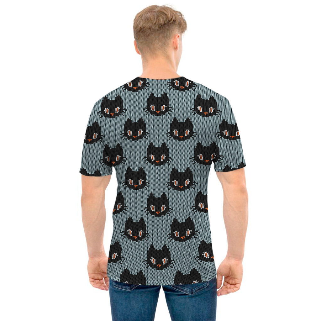 Black Cat Knitted Pattern Print Men's T-Shirt