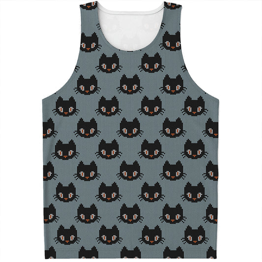 Black Cat Knitted Pattern Print Men's Tank Top