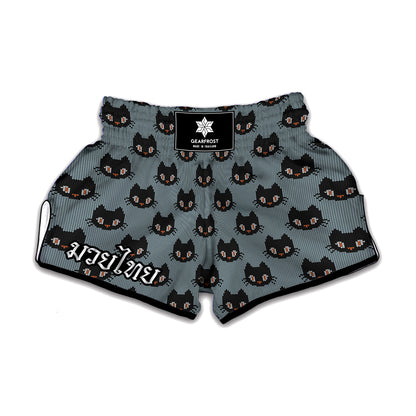 Black Cat Knitted Pattern Print Muay Thai Boxing Shorts