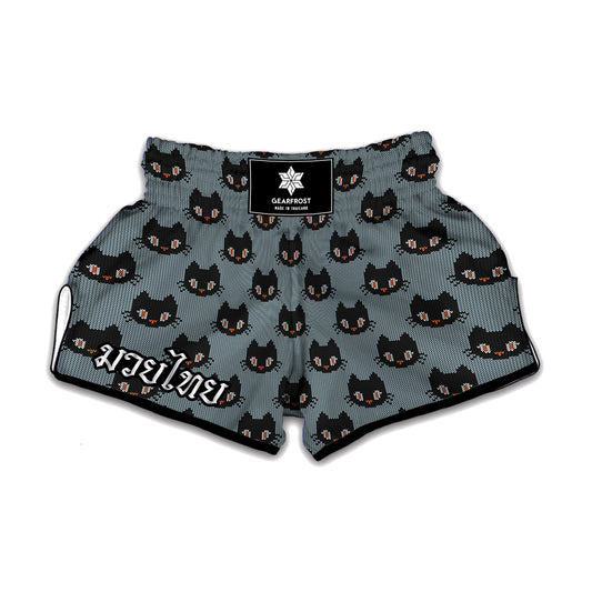 Black Cat Knitted Pattern Print Muay Thai Boxing Shorts