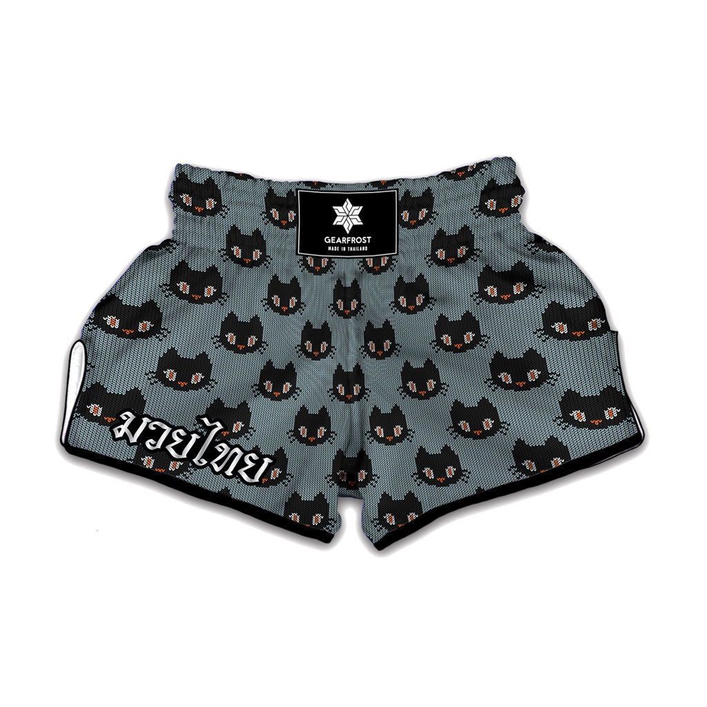 Black Cat Knitted Pattern Print Muay Thai Boxing Shorts