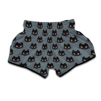 Black Cat Knitted Pattern Print Muay Thai Boxing Shorts
