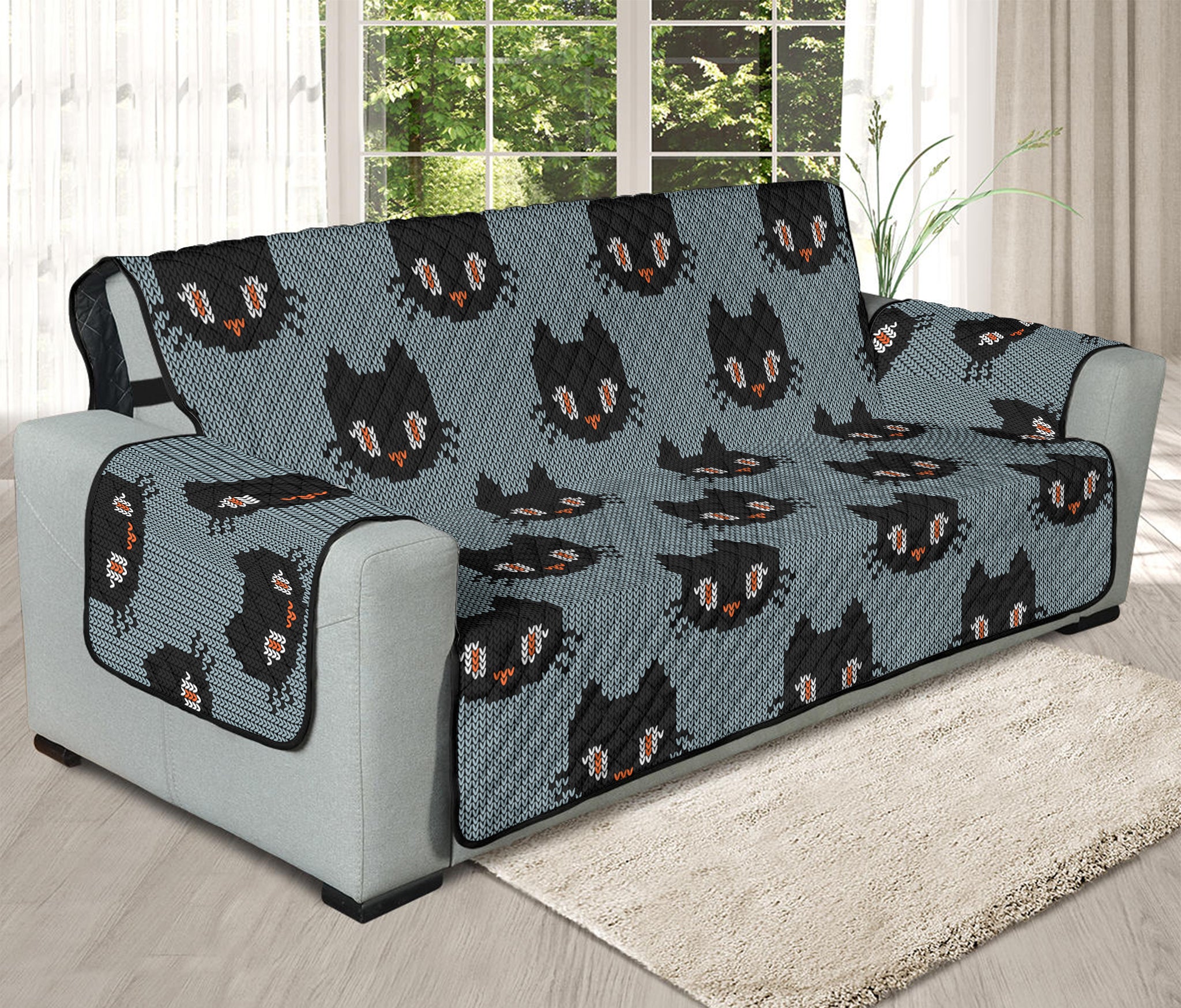 Black Cat Knitted Pattern Print Oversized Sofa Protector