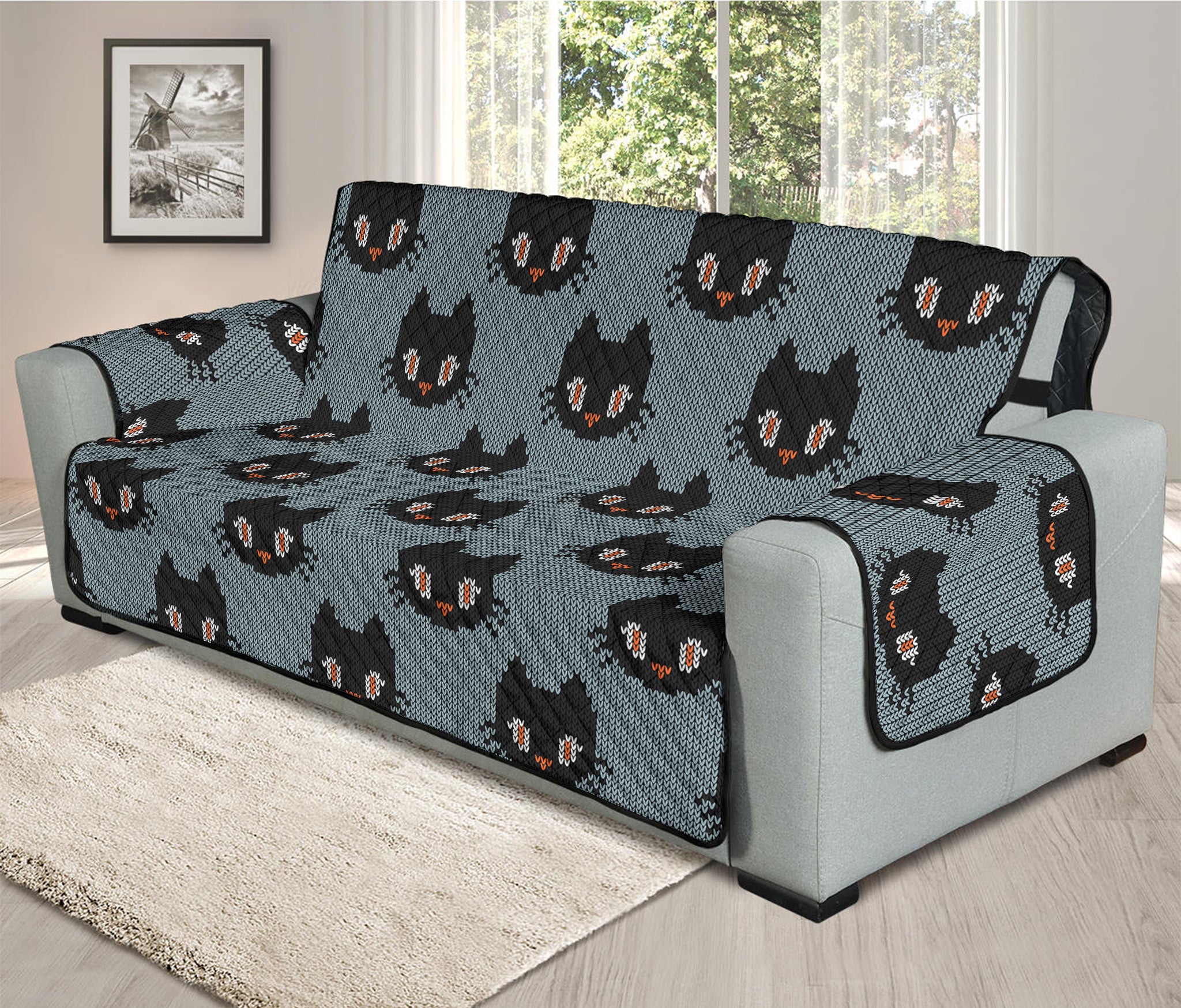 Black Cat Knitted Pattern Print Oversized Sofa Protector