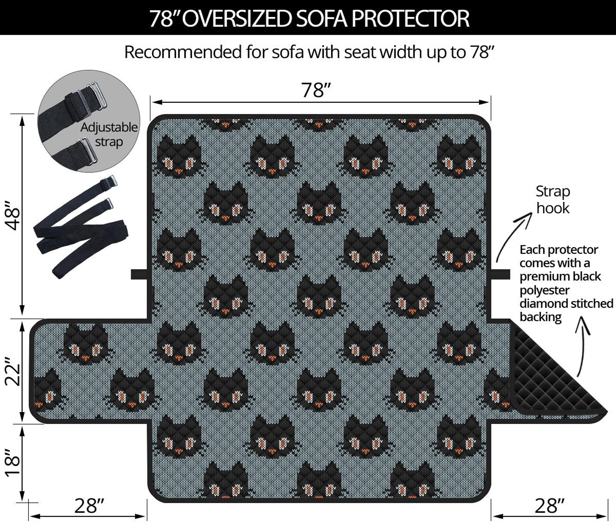 Black Cat Knitted Pattern Print Oversized Sofa Protector