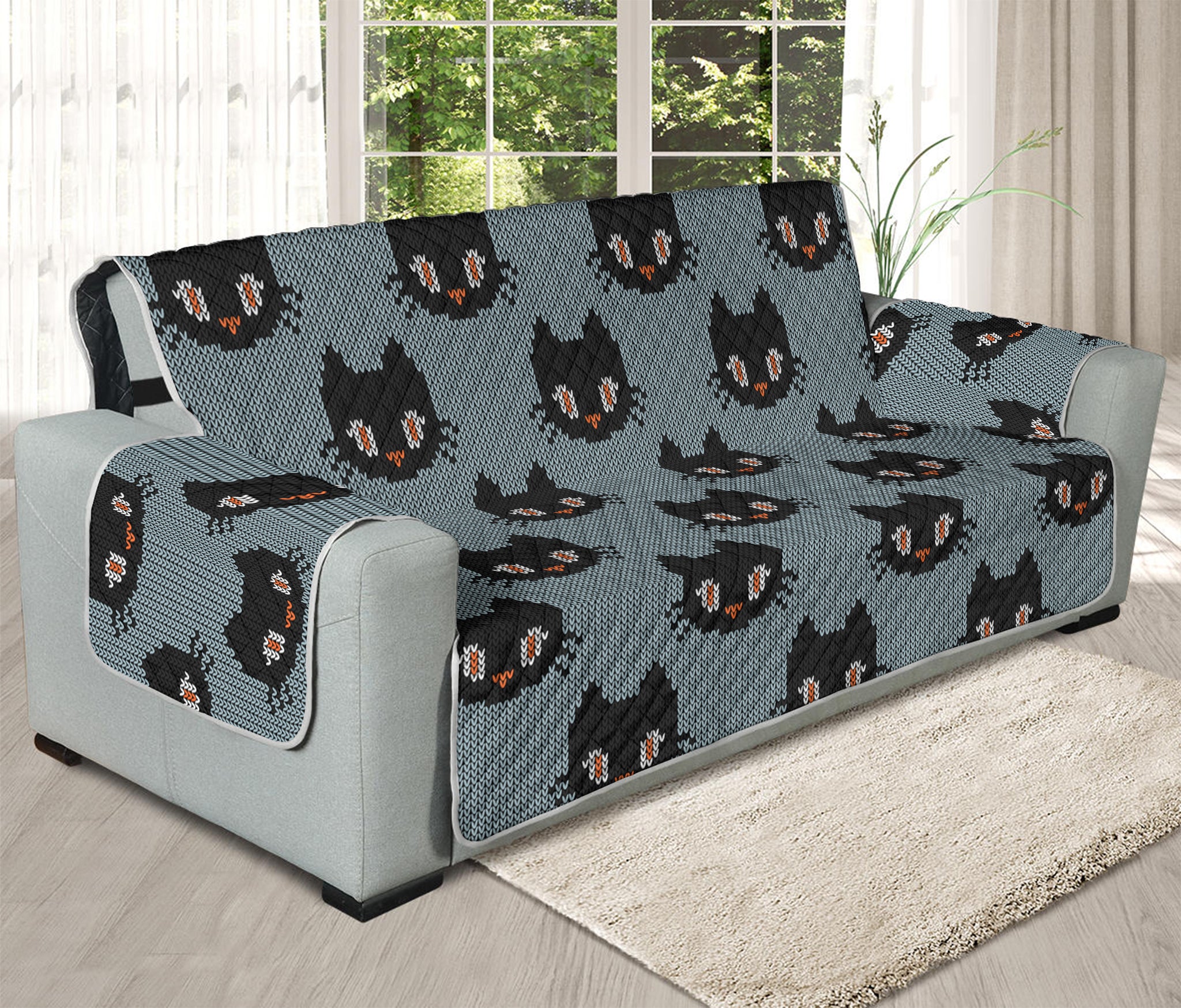 Black Cat Knitted Pattern Print Oversized Sofa Protector