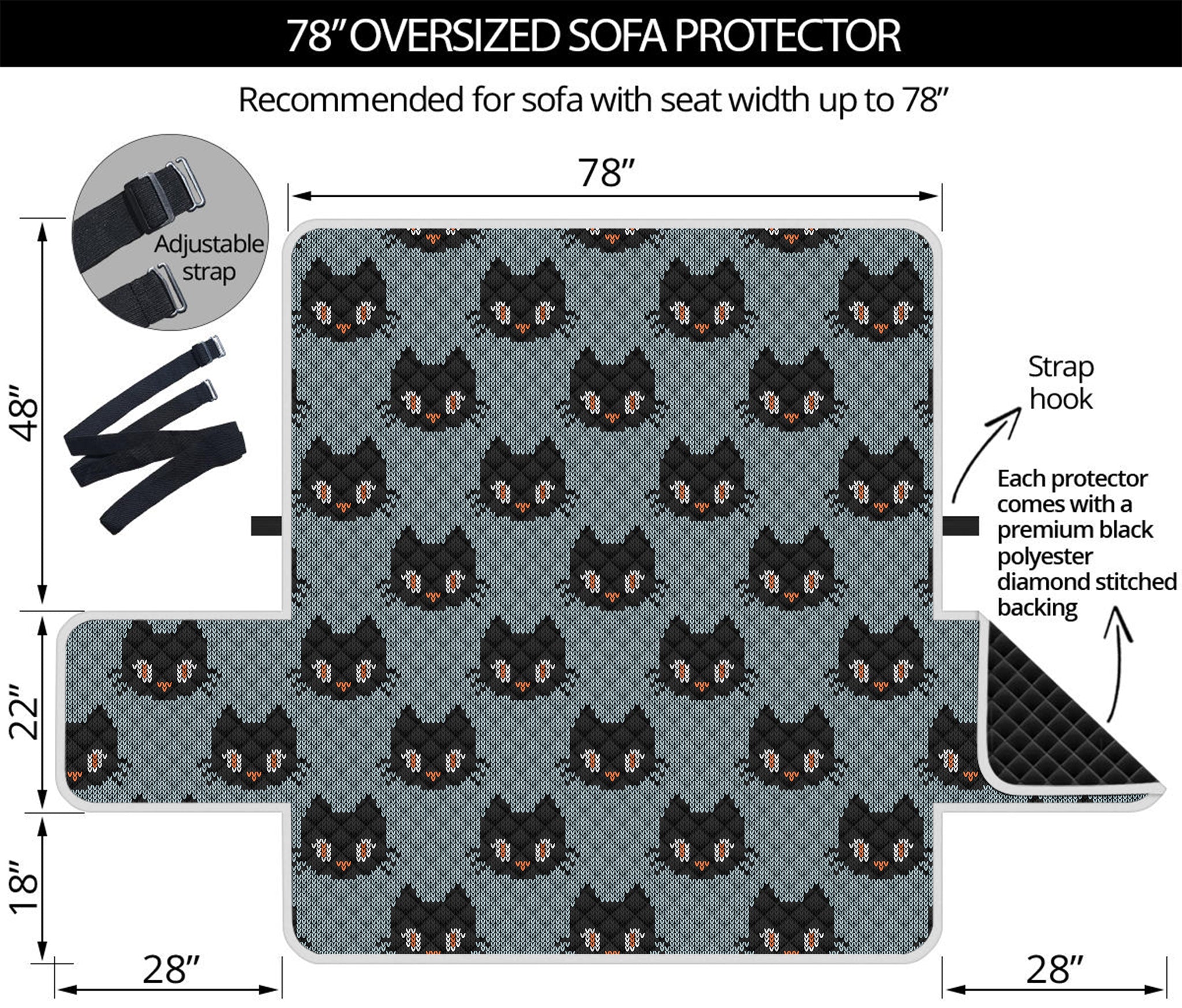 Black Cat Knitted Pattern Print Oversized Sofa Protector