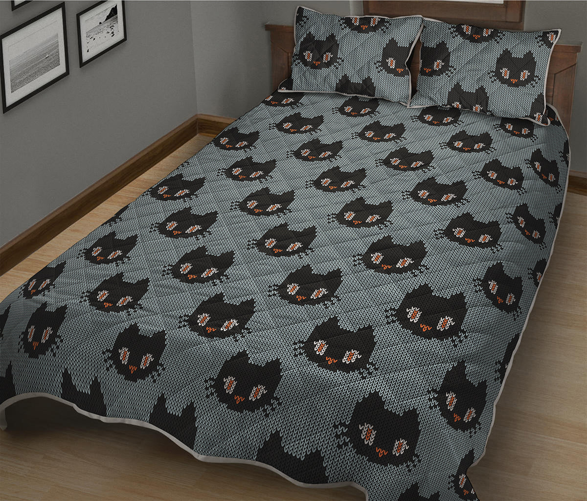 Black Cat Knitted Pattern Print Quilt Bed Set