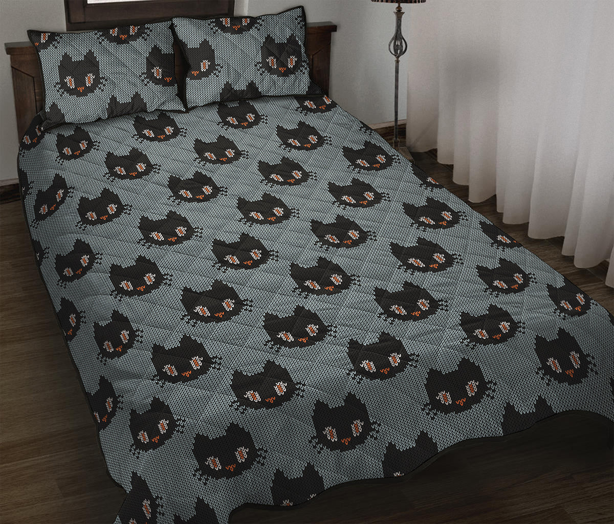 Black Cat Knitted Pattern Print Quilt Bed Set