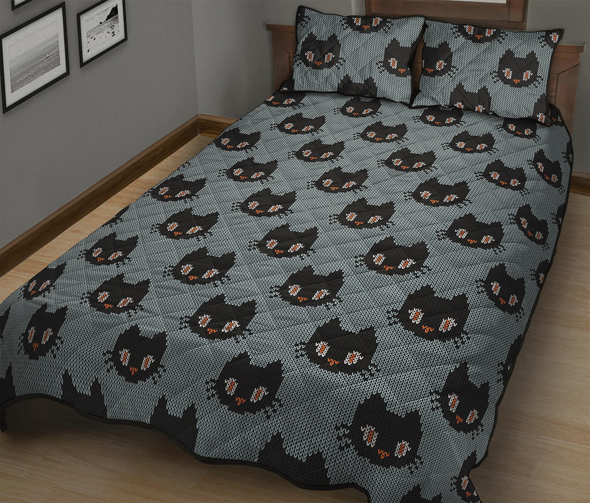 Black Cat Knitted Pattern Print Quilt Bed Set