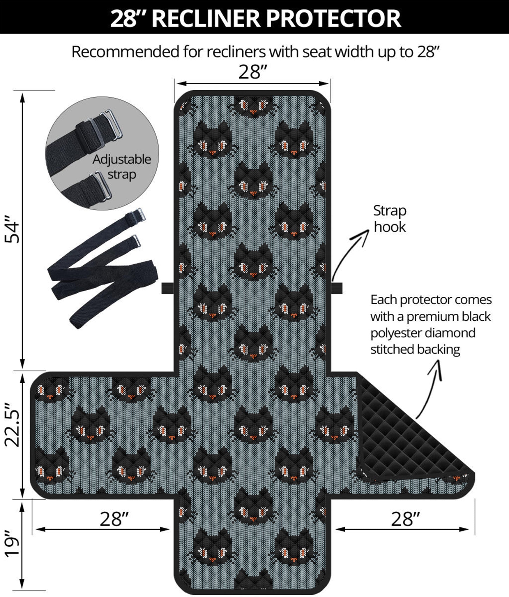 Black Cat Knitted Pattern Print Recliner Protector