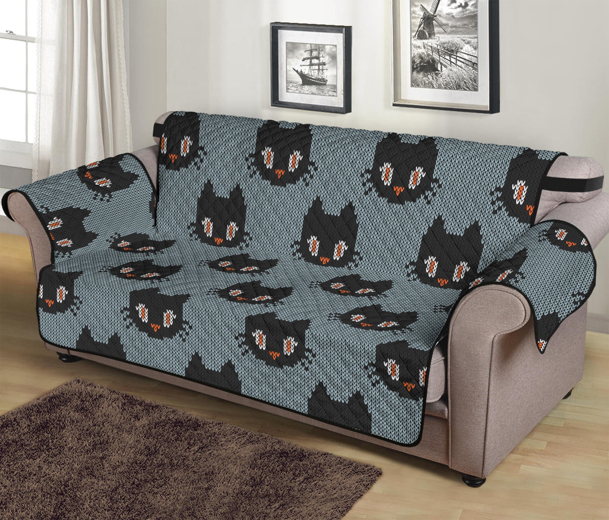 Black Cat Knitted Pattern Print Sofa Protector