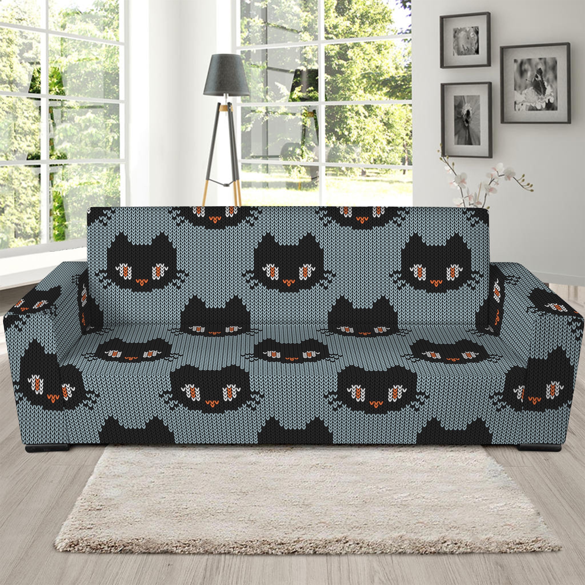 Black Cat Knitted Pattern Print Sofa Slipcover